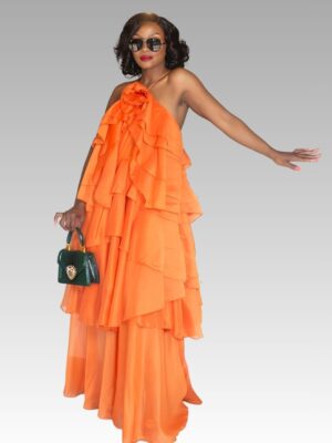 Tangerine Cascade One-Shoulder Gown